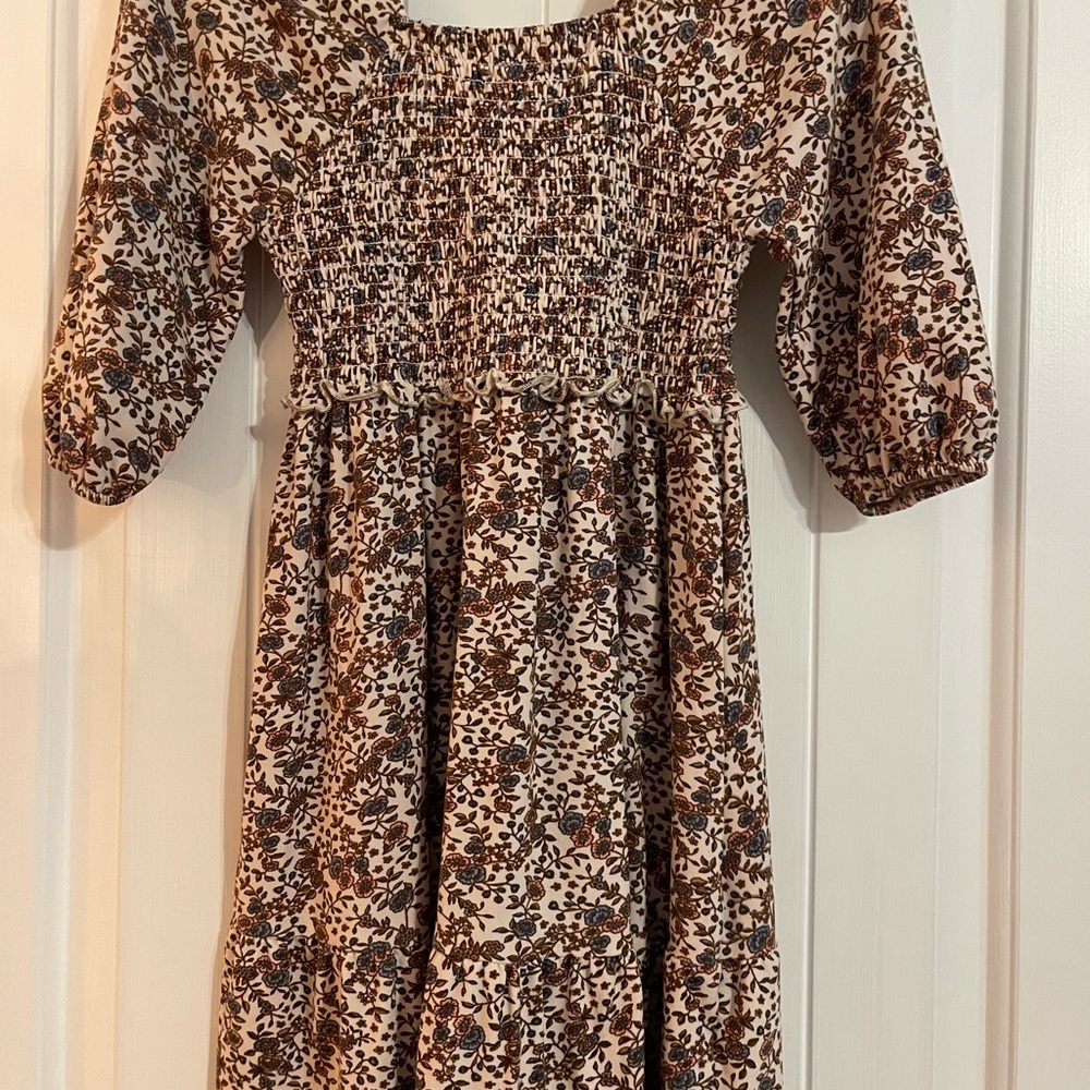 btween Brown and Blue Floral Smocked Midi Dress size 8